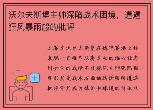 沃尔夫斯堡主帅深陷战术困境，遭遇狂风暴雨般的批评